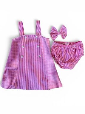 Janie and Jack Pink and white seer sucker dress with bloomers and bow